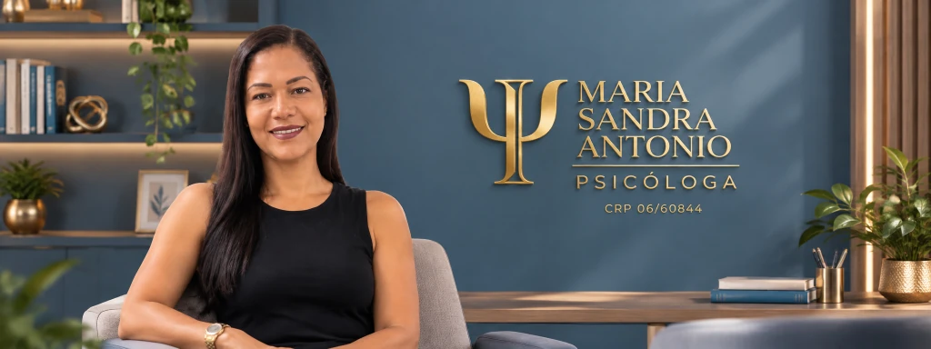 Maria Sandra Antonio, psicóloga clínica (CRP 06/60844), sorridente em consultório acolhedor na Vila Mariana, com o símbolo dourado da Psicologia (Psi) ao fundo